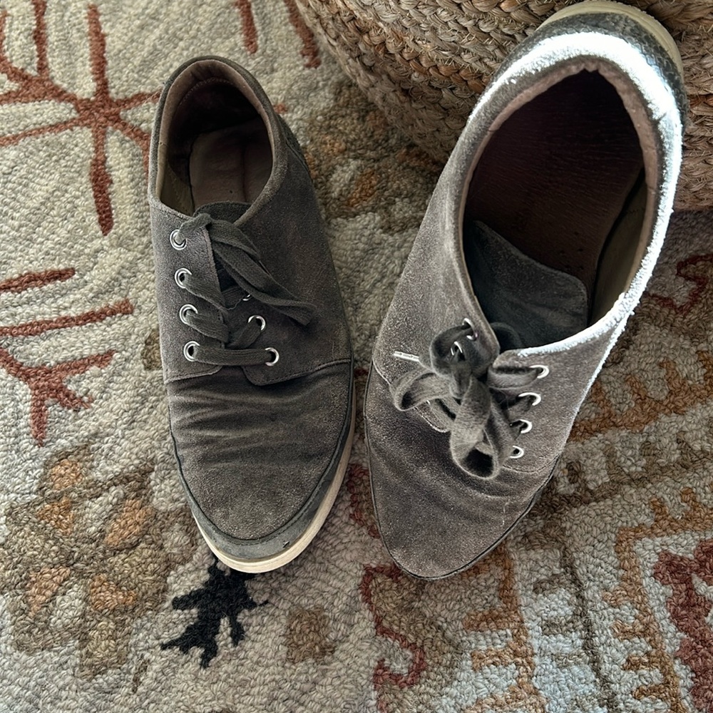 Grey suede sneakers with white sole